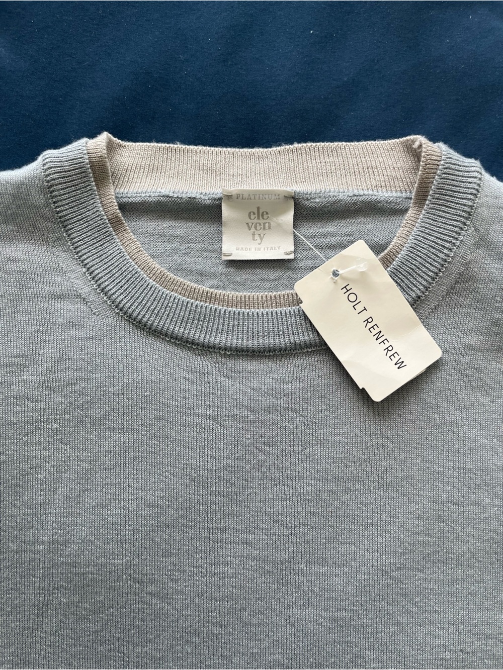 Eleventy Platinum light blue crewneck sweater with grey trim